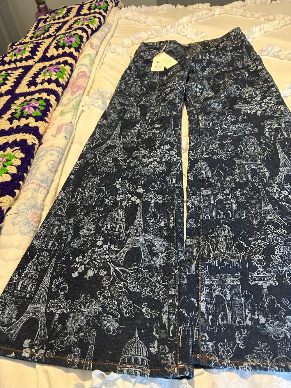 Johnny Was Blue and White Toile-Print Wide Leg Jeans
